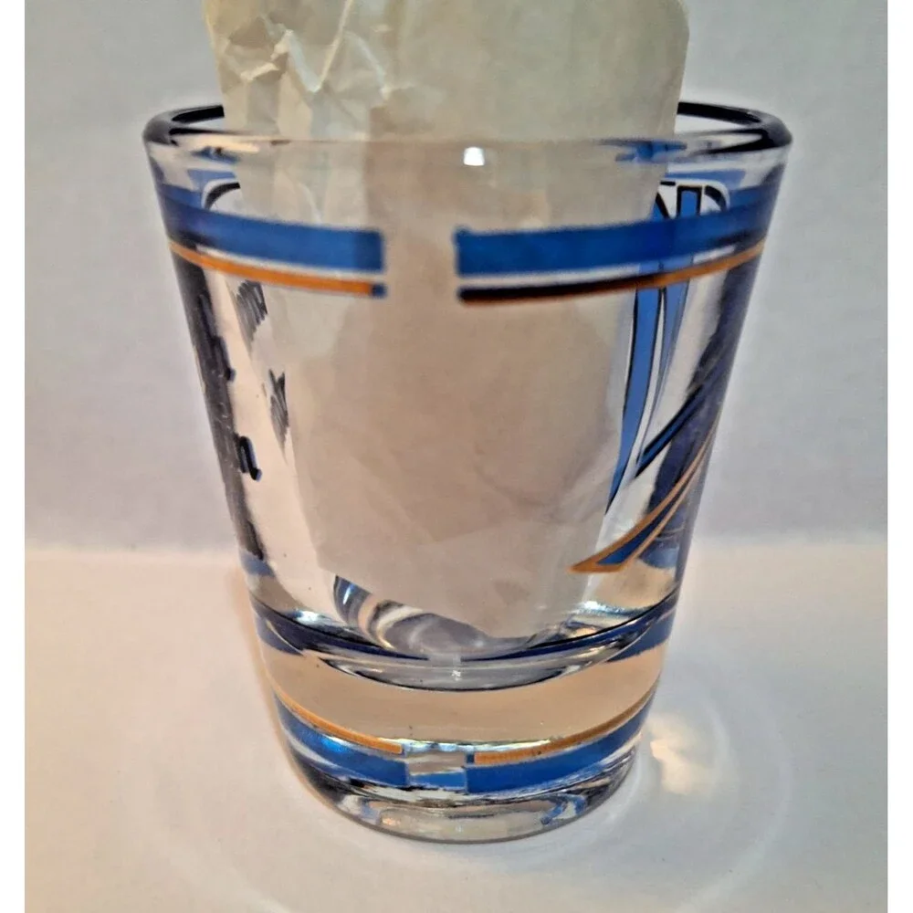 Vintage Mammoth Mountain California Shot Glass Blue Gold Elephant Skiing